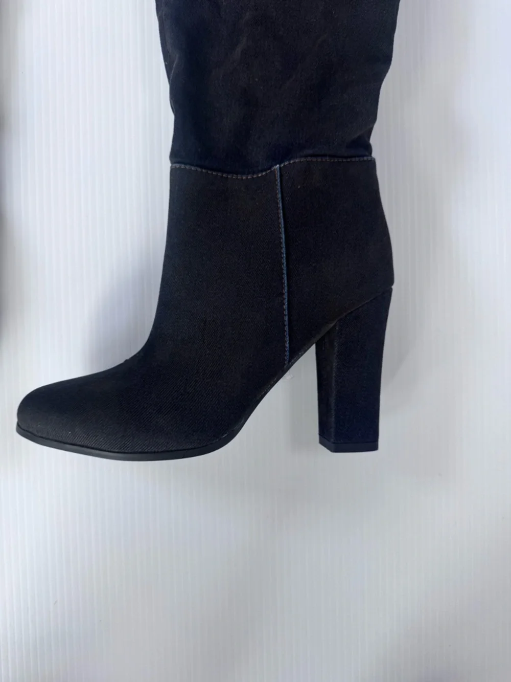 Azalea Wang Nanette Black Denim Thigh High Boots – Block Heel Sz 6,6.5,7,8, 8.5